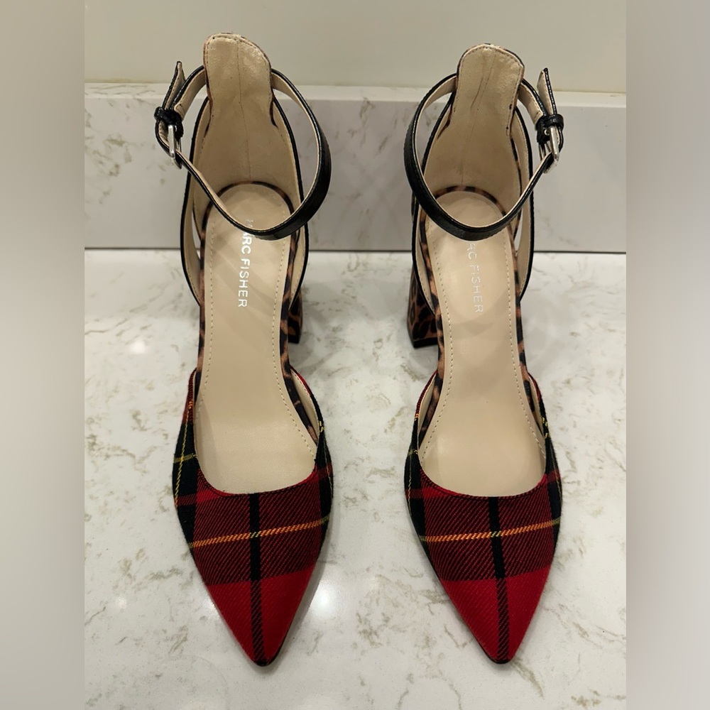 Marc Fisher Tartan Plaid Leopard Ankle Strap Block Heels 6 - Picture 3 of 12
